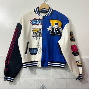 Women’s Patch Graphic Colorblock Lightweight Crop Varsity Bomber Jacket L Retro